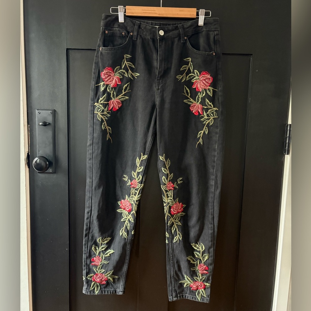 Topshop Charcoal Moto Mom Jeans with Rose Embroidery